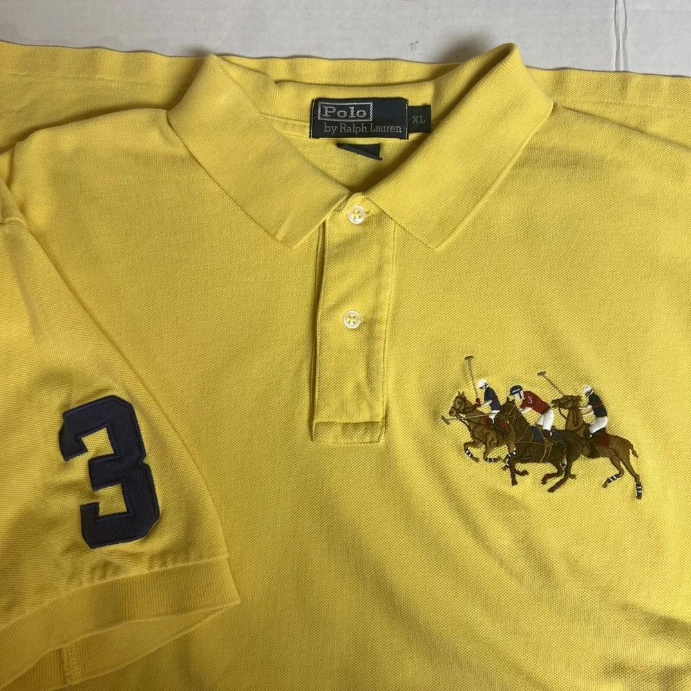Vintage Polo Ralph Lauren Polo Shirt Mens XL Yellow Triple Pony Stampede